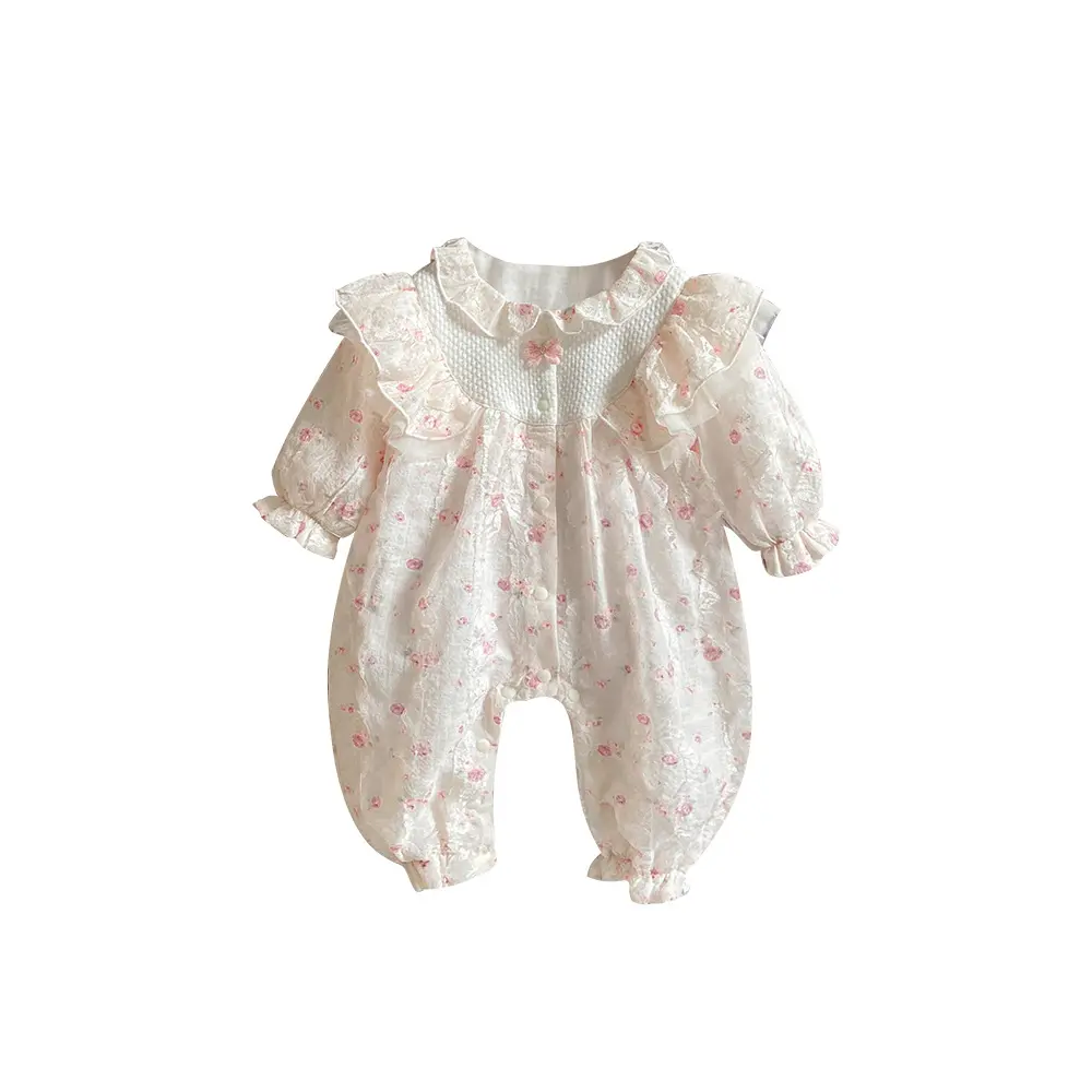 2025 Autumn New in Infant Princess Style Cute Clothing Kids Ruched Floral Lace Jumpsuits Newborn Baby Outfits Romper 0-24M