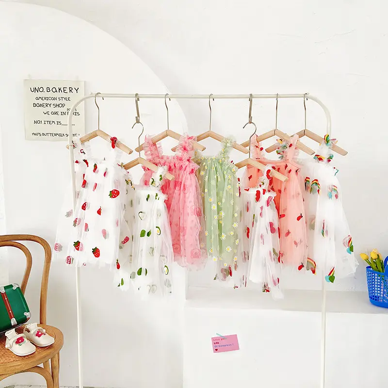 Fruit Embroidered Mesh Girls' Dress 2025 Summer New Style Strap Girl Baby Princess Skirt Puffy Yarn Skirt