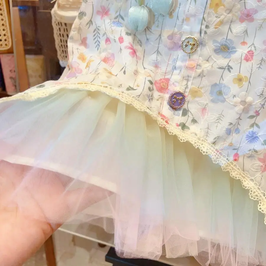 Gentle Printed Sleeveless Vest Skirt for Women in Summer 2025, New Casual Korean Style Small Flower Mesh Patchwork Skirt