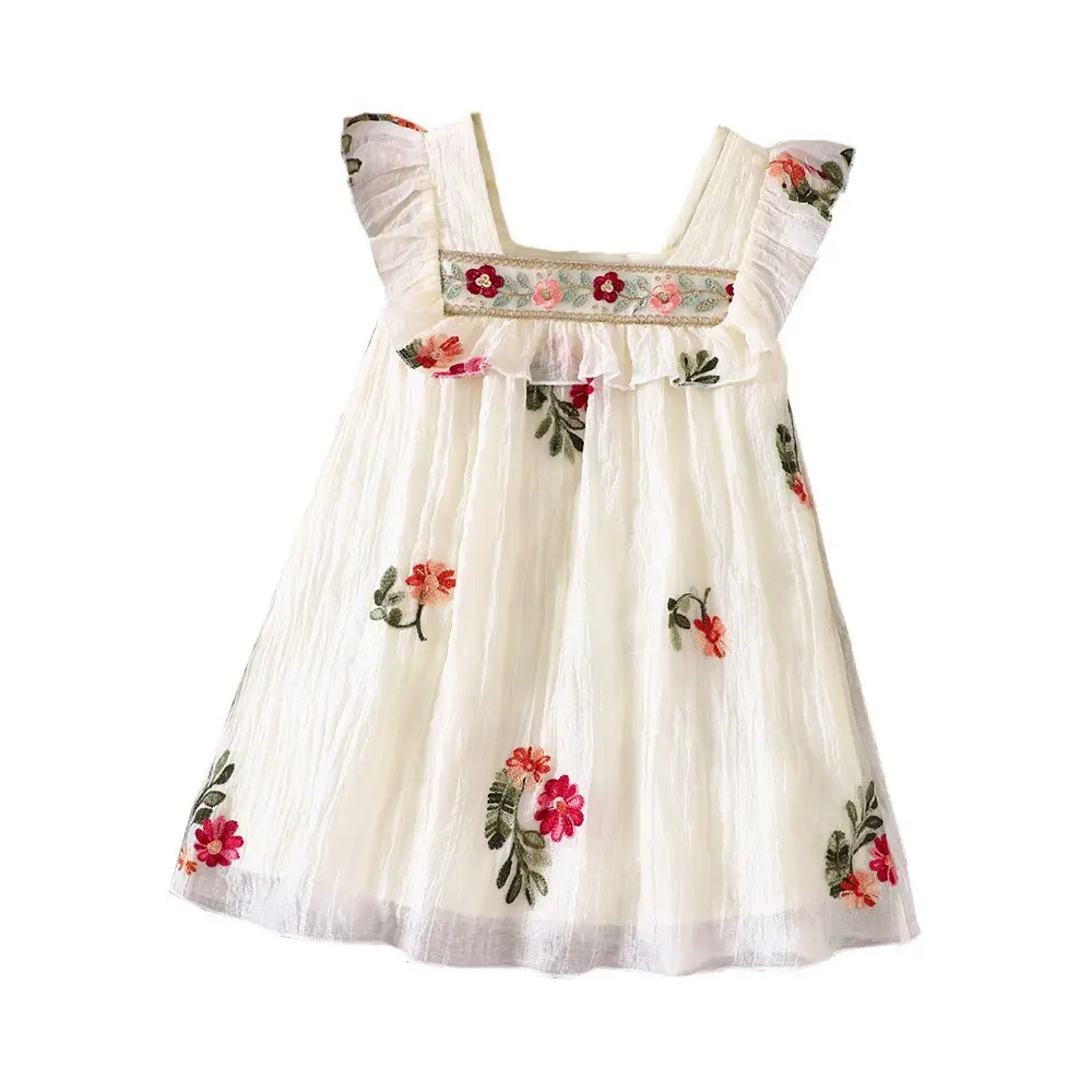 Foreign trade children's clothing, children's 2025 new product, girls' summer style floral embroidered ruffle edge dress