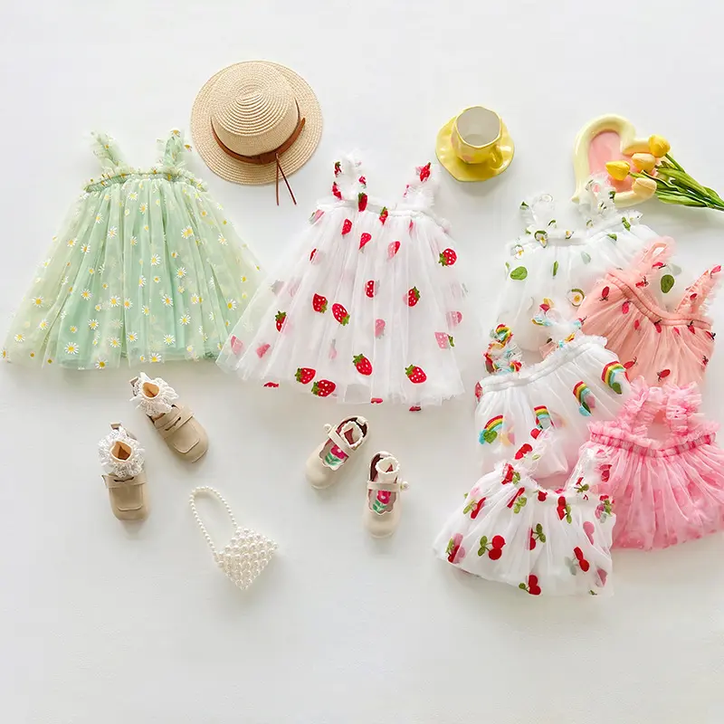 Fruit Embroidered Mesh Girls' Dress 2025 Summer New Style Strap Girl Baby Princess Skirt Puffy Yarn Skirt