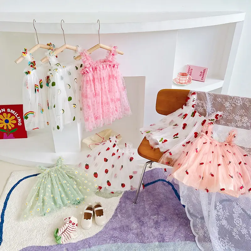Fruit Embroidered Mesh Girls' Dress 2025 Summer New Style Strap Girl Baby Princess Skirt Puffy Yarn Skirt