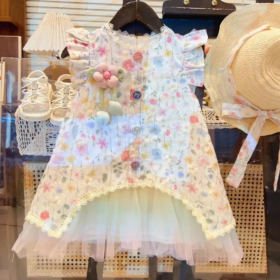 Gentle Printed Sleeveless Vest Skirt for Women in Summer 2025, New Casual Korean Style Small Flower Mesh Patchwork Skirt