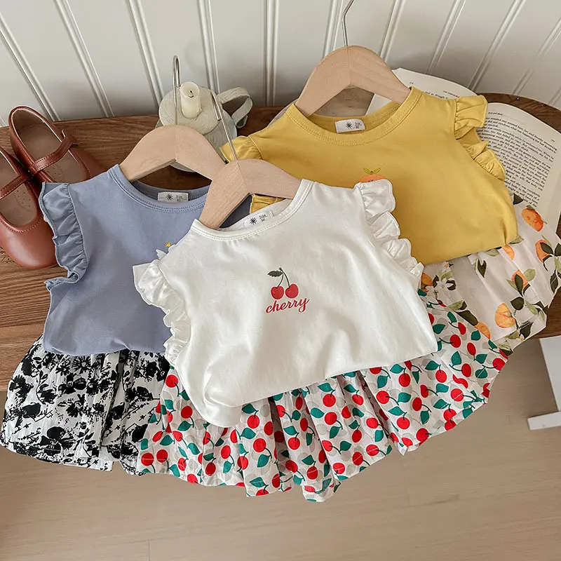 Girls' Short Sleeved Set 25 Summer New Children's Clothing Wholesale Butterfly Printed T-shirt Two-piece Set for Girls and Young