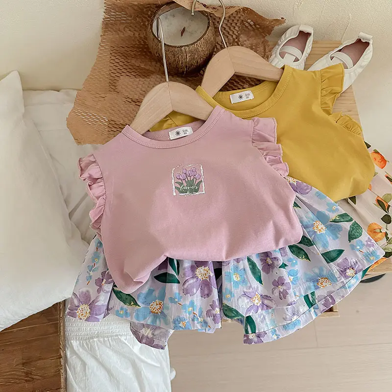 Girls' Short Sleeved Set 25 Summer New Children's Clothing Wholesale Butterfly Printed T-shirt Two-piece Set for Girls and Young