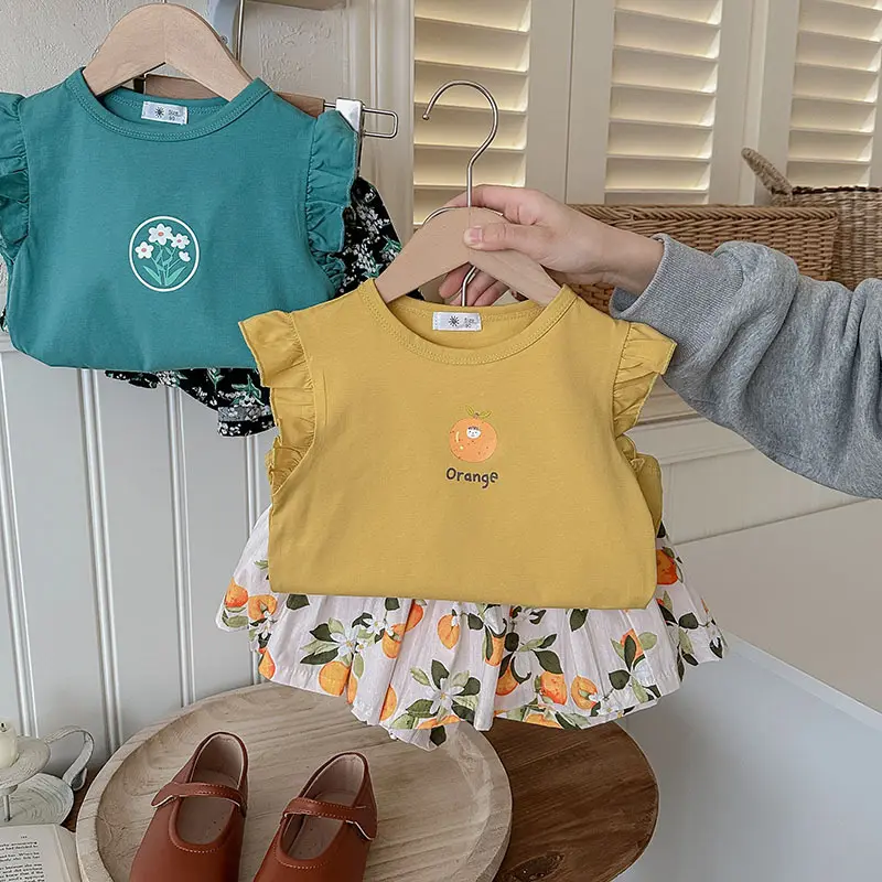 Girls' Short Sleeved Set 25 Summer New Children's Clothing Wholesale Butterfly Printed T-shirt Two-piece Set for Girls and Young