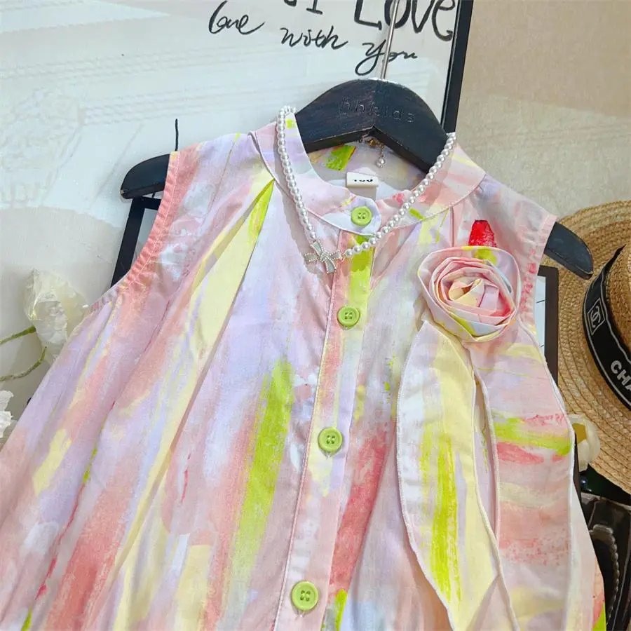 Girls' Dress, Baby Rainbow Sleeveless Gradient Three-dimensional Flower 2025 Children's Ruffled Shirt, Vest Skirt