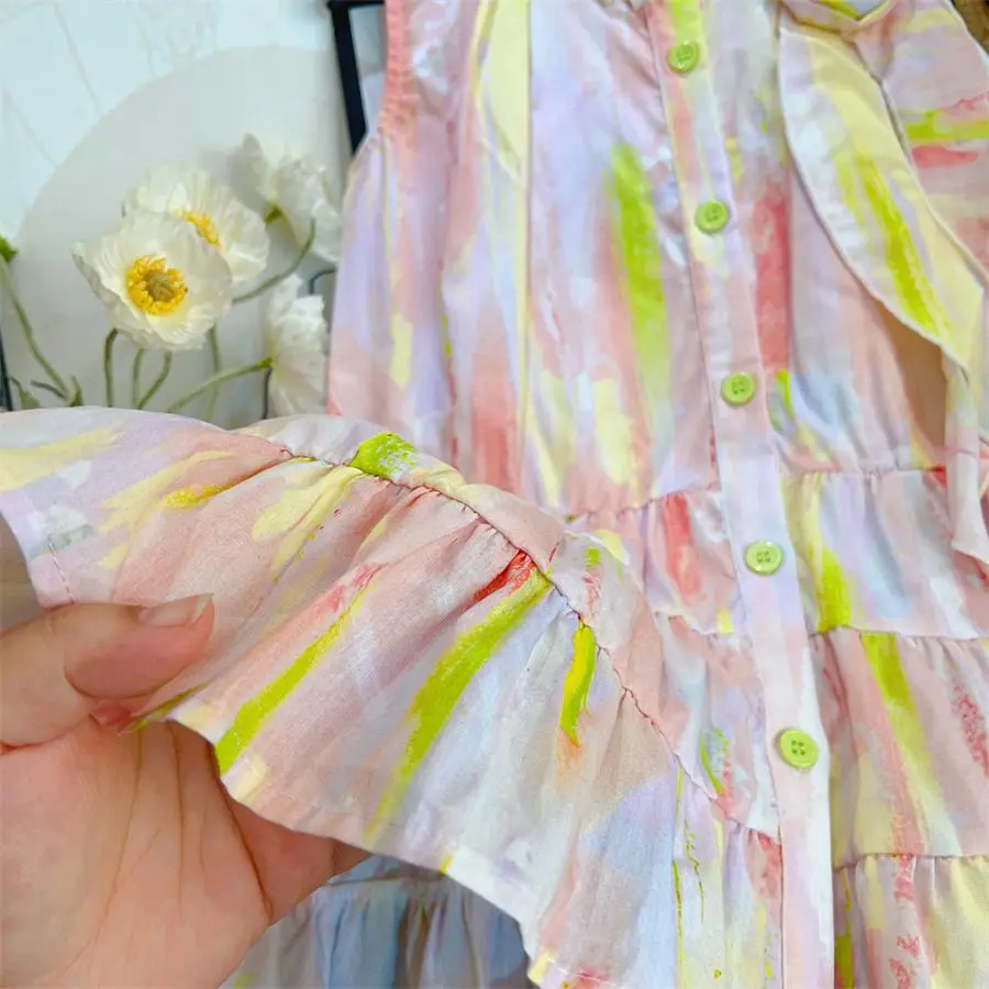 Girls' Dress, Baby Rainbow Sleeveless Gradient Three-dimensional Flower 2025 Children's Ruffled Shirt, Vest Skirt