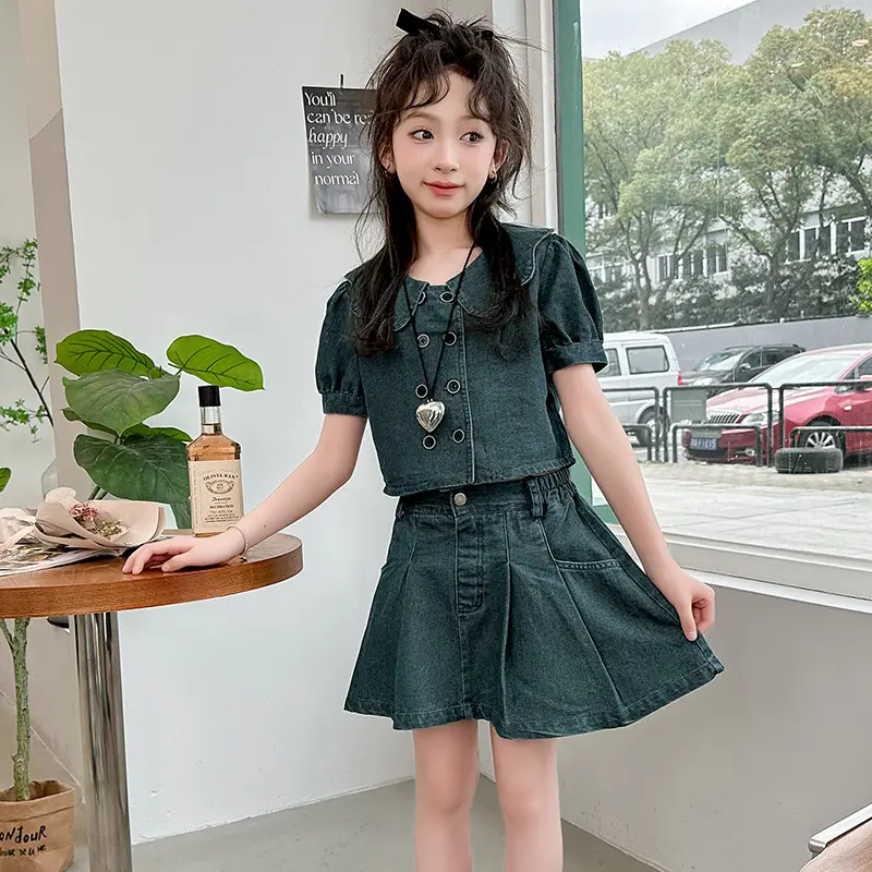 2025 Girls' Cowboy Summer New Style Girls' Casual Doll Collar Top+pleated Short Skirt Two Piece Set