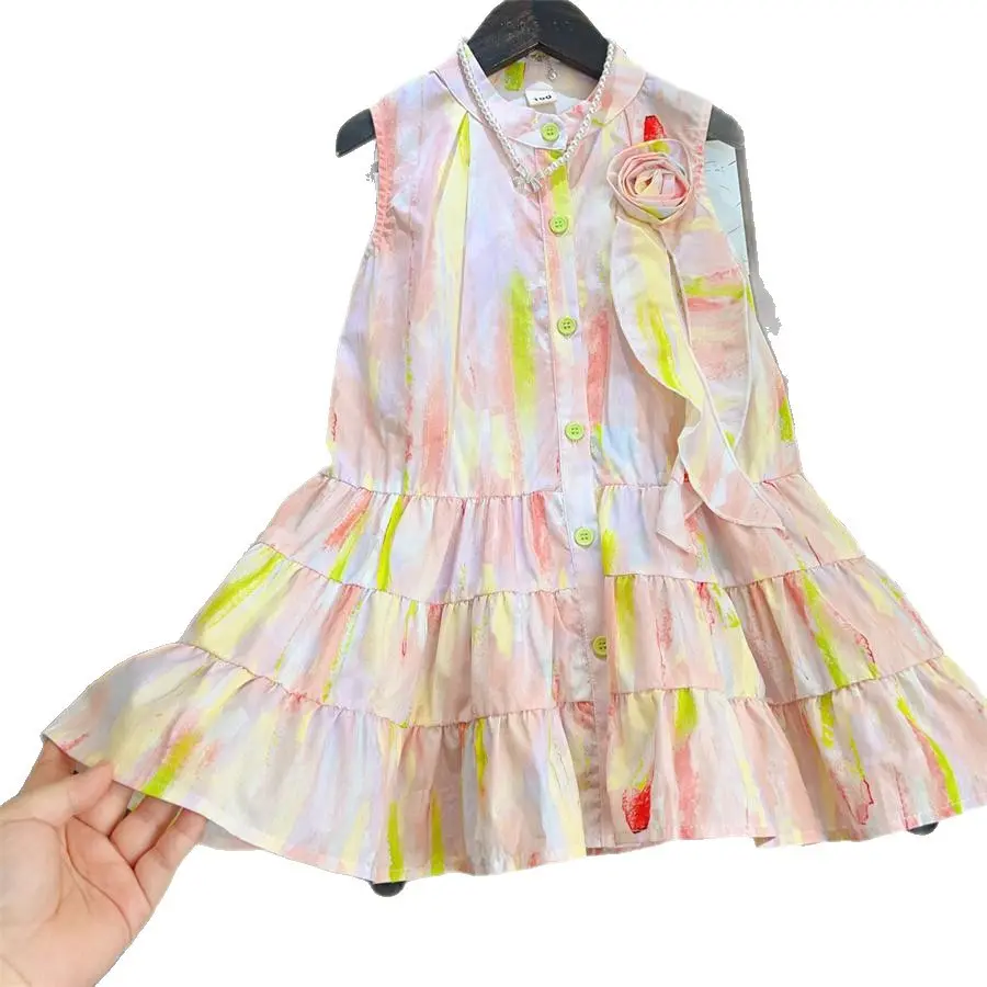 Girls' Dress, Baby Rainbow Sleeveless Gradient Three-dimensional Flower 2025 Children's Ruffled Shirt, Vest Skirt