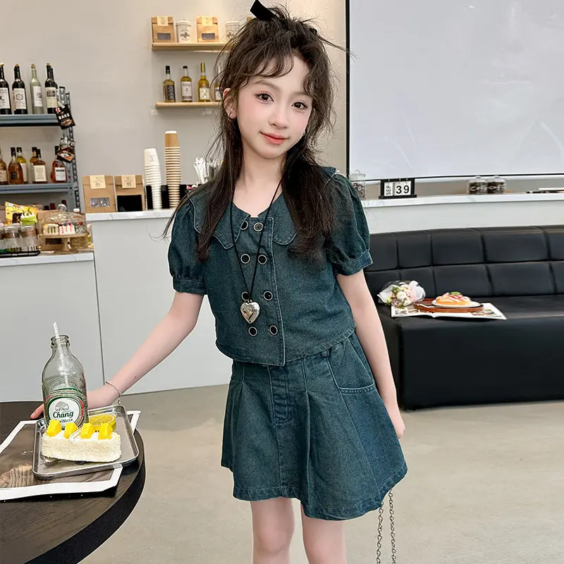 2025 Girls' Cowboy Summer New Style Girls' Casual Doll Collar Top+pleated Short Skirt Two Piece Set