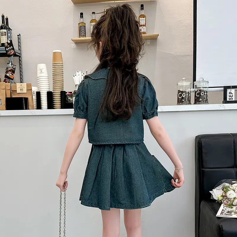 2025 Girls' Cowboy Summer New Style Girls' Casual Doll Collar Top+pleated Short Skirt Two Piece Set