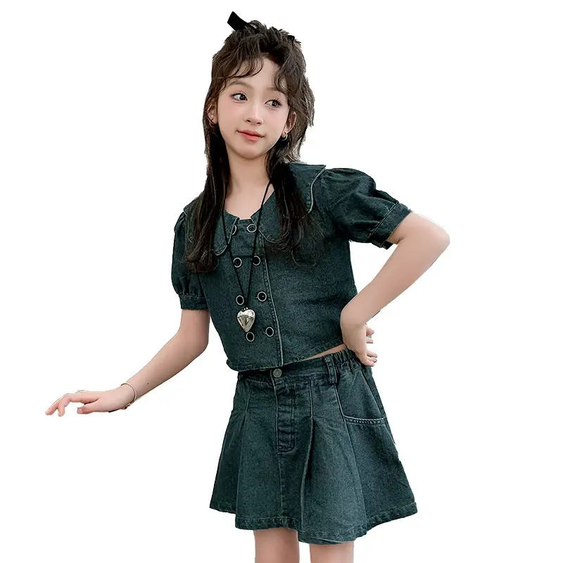 2025 Girls' Cowboy Summer New Style Girls' Casual Doll Collar Top+pleated Short Skirt Two Piece Set