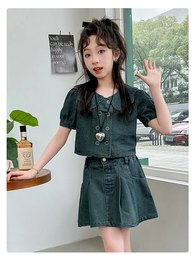 2025 Girls' Cowboy Summer New Style Girls' Casual Doll Collar Top+pleated Short Skirt Two Piece Set
