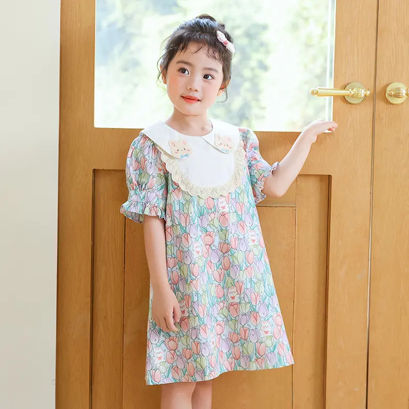 2025 New Girls' Dress Summer Stylish Doll Neck Baby Girl Princess Dress Children's Sweet Floral Dress