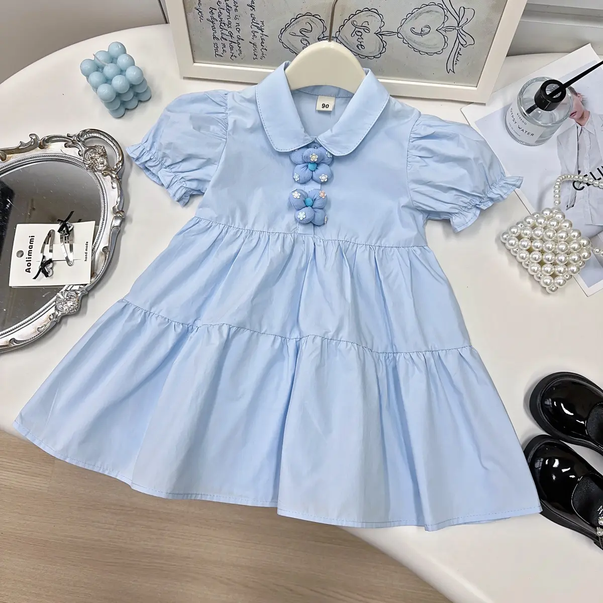New 2025 Korean Version Dress for Girls Summer New Item Three-dimensional Flower Short Sleeved Shirt for Little Girls Dress