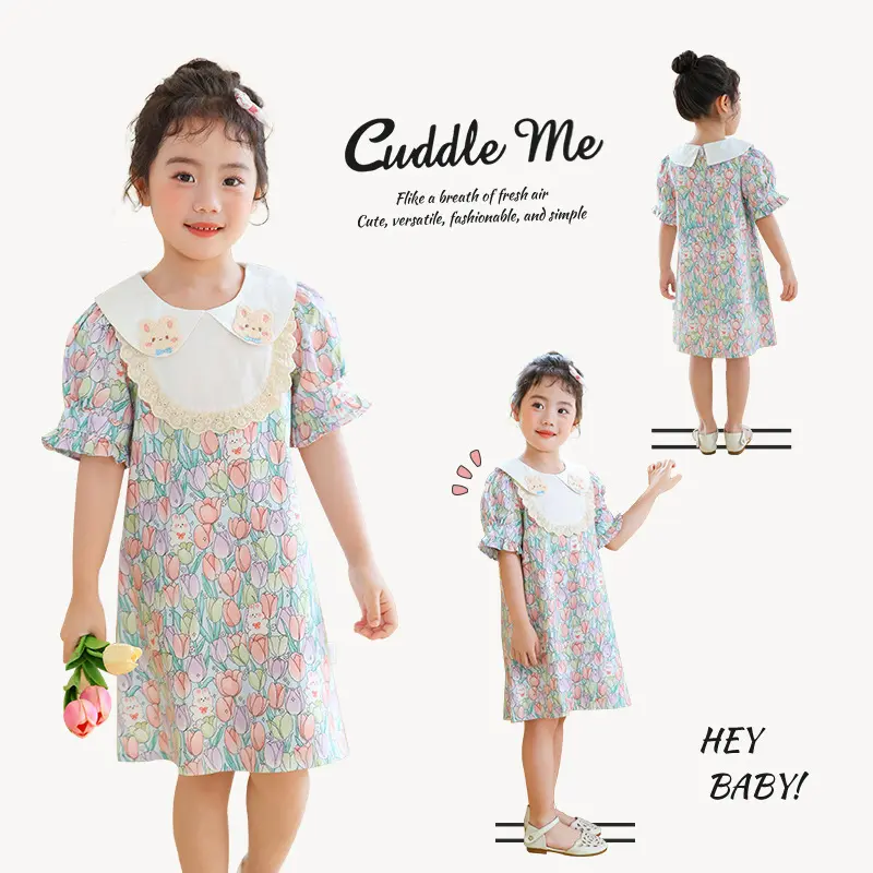 2025 New Girls' Dress Summer Stylish Doll Neck Baby Girl Princess Dress Children's Sweet Floral Dress