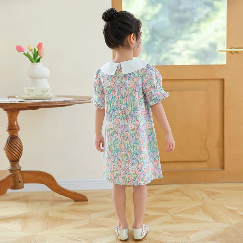 2025 New Girls' Dress Summer Stylish Doll Neck Baby Girl Princess Dress Children's Sweet Floral Dress