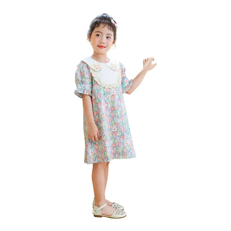 2025 New Girls' Dress Summer Stylish Doll Neck Baby Girl Princess Dress Children's Sweet Floral Dress