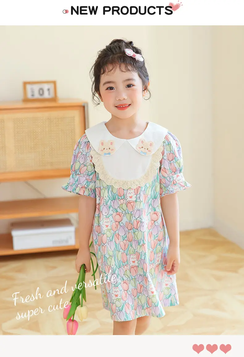 2025 New Girls' Dress Summer Stylish Doll Neck Baby Girl Princess Dress Children's Sweet Floral Dress