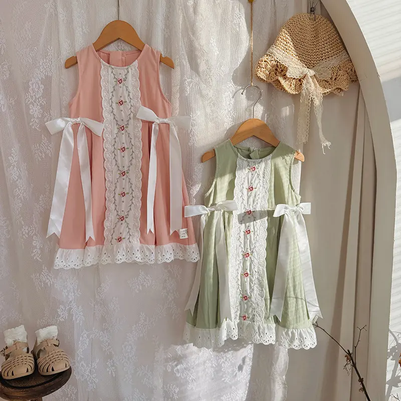 2025 Summer New Korean Edition Heavy Industry Lace Bow Girls' Dress Embroidered Sleeveless Vest Skirt Princess Skirt