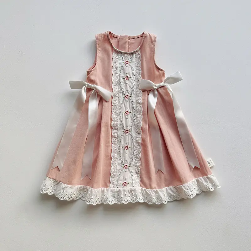 2025 Summer New Korean Edition Heavy Industry Lace Bow Girls' Dress Embroidered Sleeveless Vest Skirt Princess Skirt