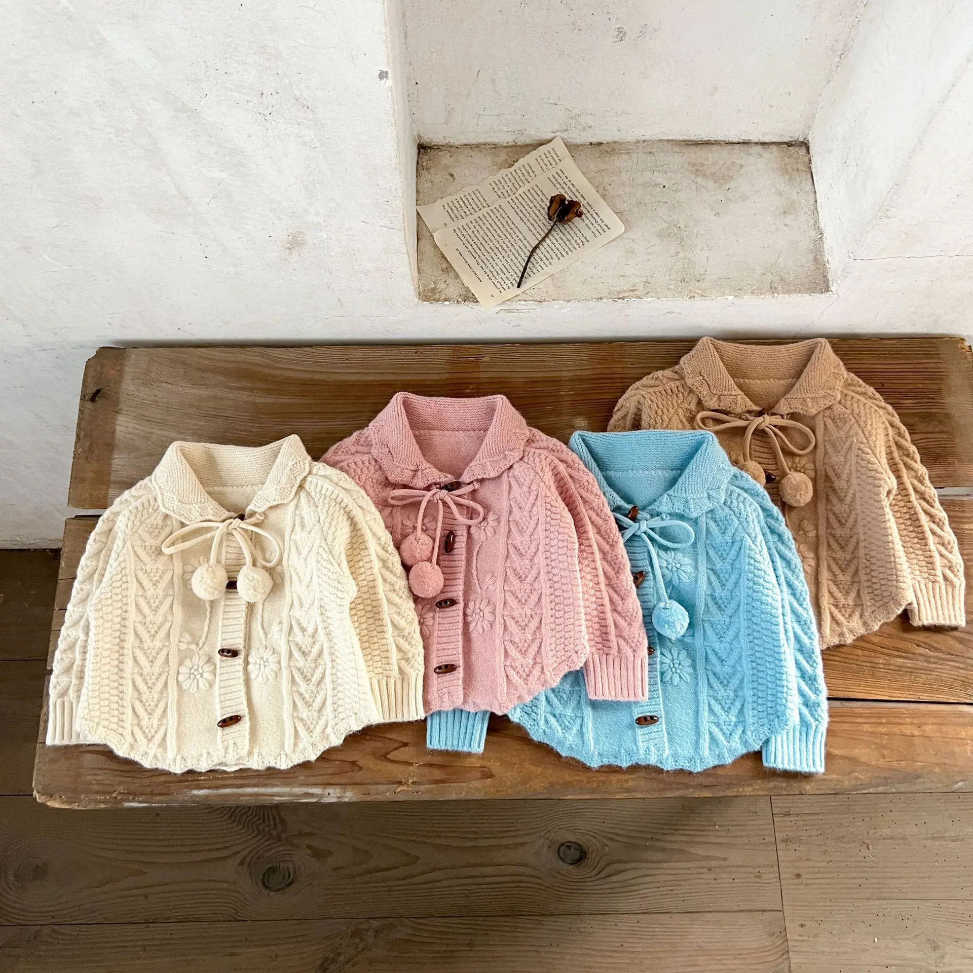Ins Korean Version of Girls' Baby Pure Cotton Lapel Woolen Coat, Baby Thick Sweater Top, Autumn and Winter Cardigan