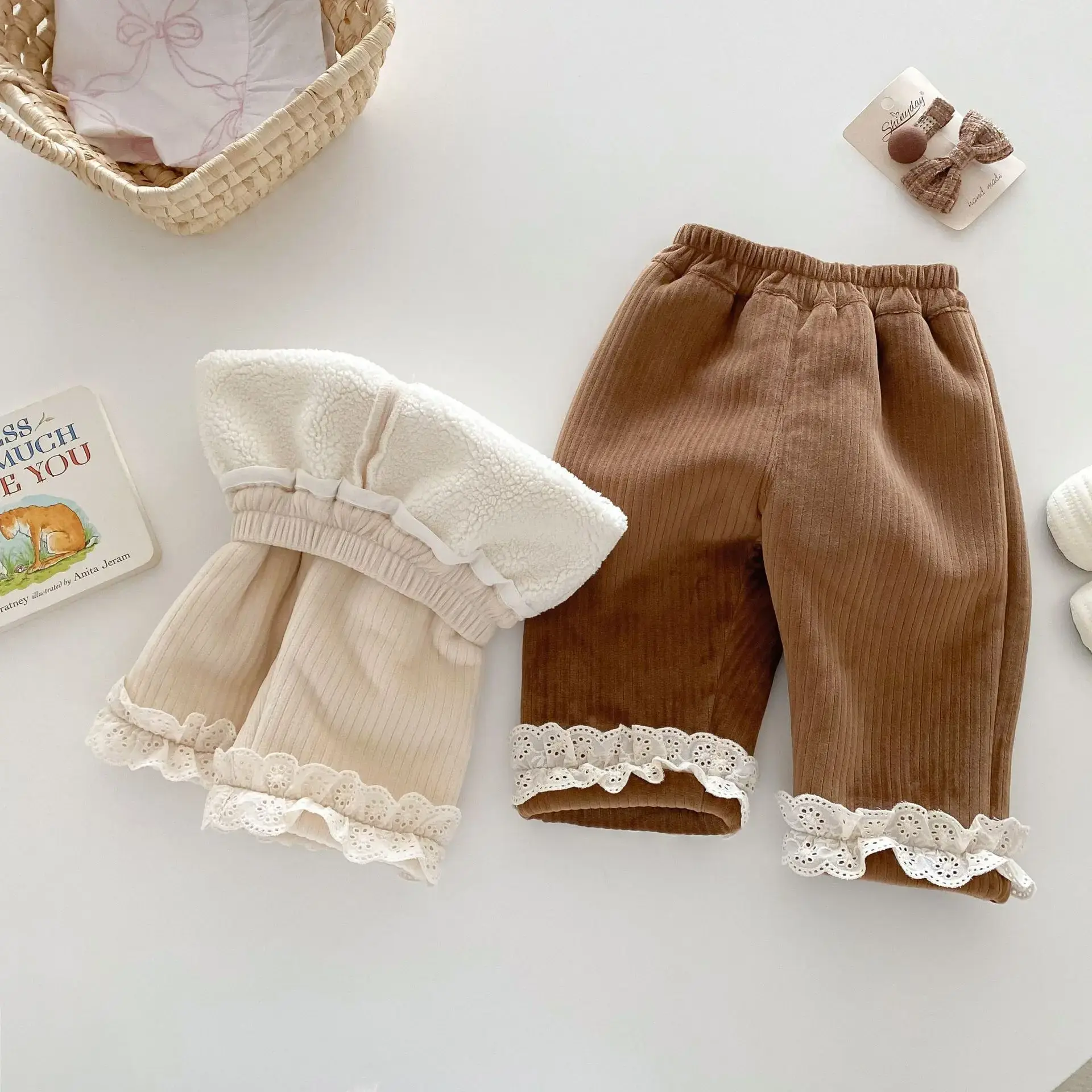 2025 Winter New in Kids Baby Girls Corduroy Thicken Ruched Straight Pants , Toddler Infant Solid Color Casual Clothing 3M-5Y
