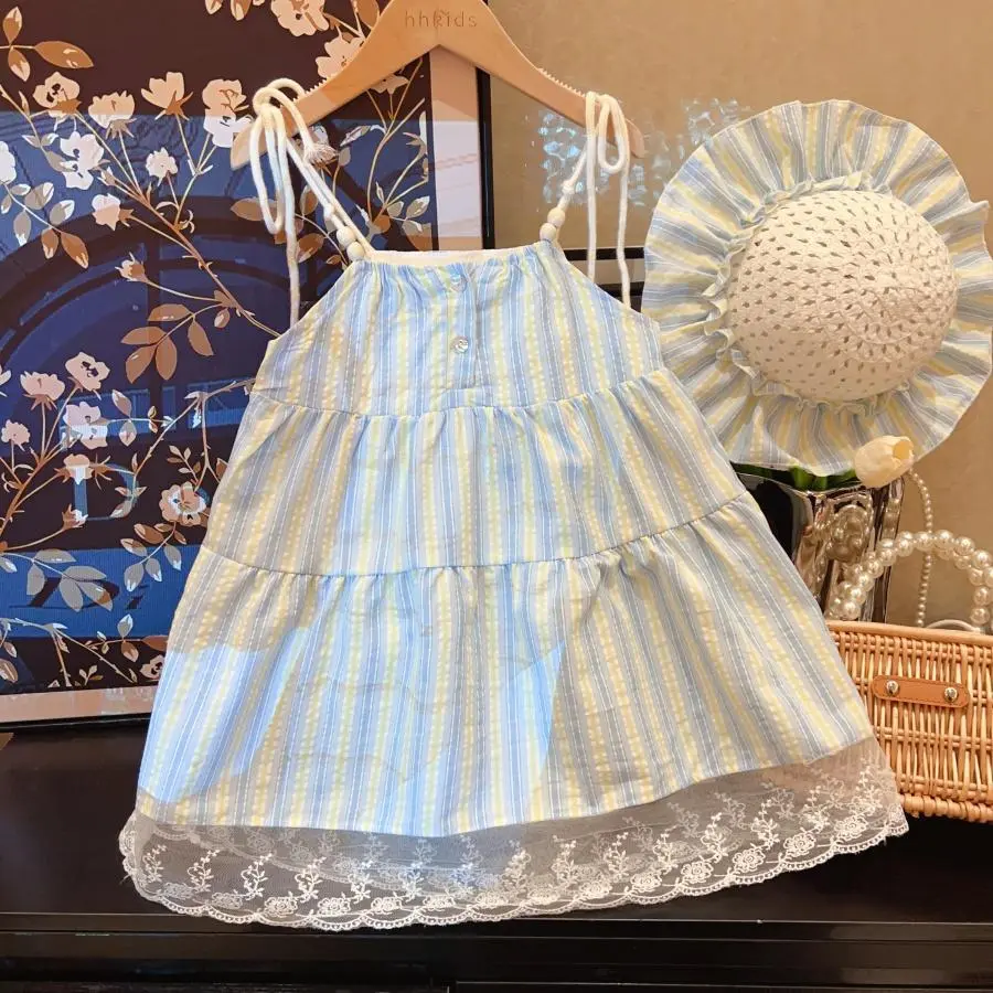 2025 New Western Style Children's Fashionable Vacation Style Beach Skirt Casual Sweet New Dress Comes with Hat