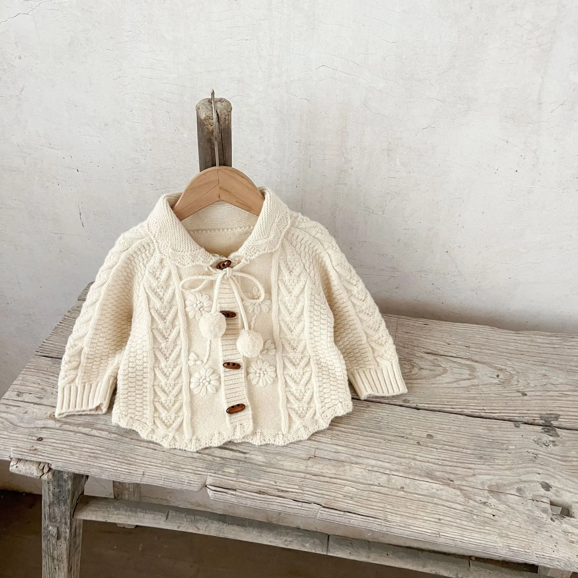 Ins Korean Version of Girls' Baby Pure Cotton Lapel Woolen Coat, Baby Thick Sweater Top, Autumn and Winter Cardigan