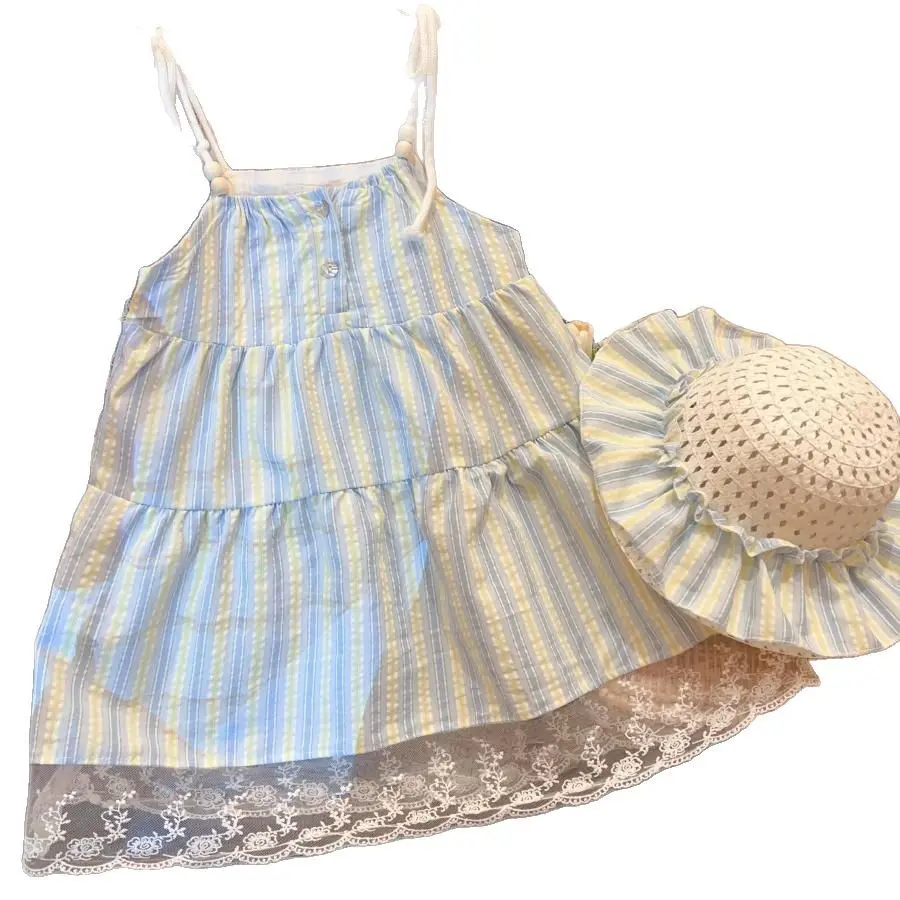 2025 New Western Style Children's Fashionable Vacation Style Beach Skirt Casual Sweet New Dress Comes with Hat