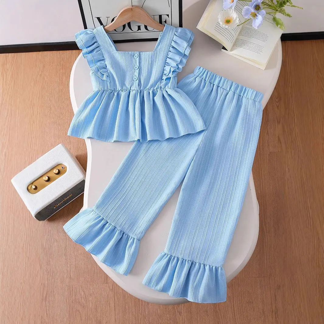 2025 Summer New Sweet Lotus Leaf Sleeve A Swing Top+Bellbottom Pants Two Piece Set