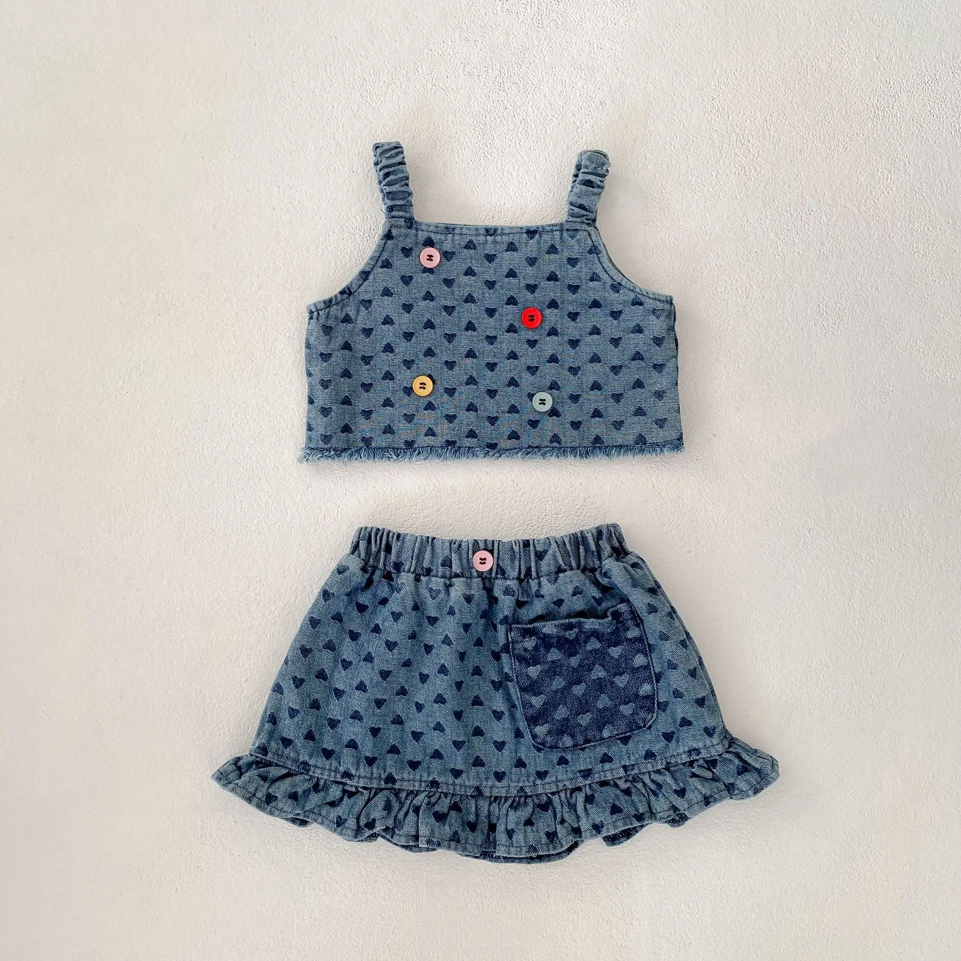 Baby Clothes Summer Female Baby Fashion Trend Cowboy Set Love Cowboy Strap Top Short Skirt Two Piece Set
