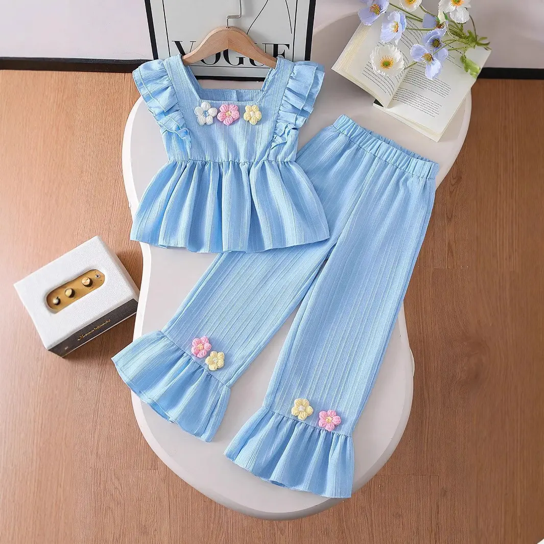 2025 Summer New Sweet Lotus Leaf Sleeve A Swing Top+Bellbottom Pants Two Piece Set