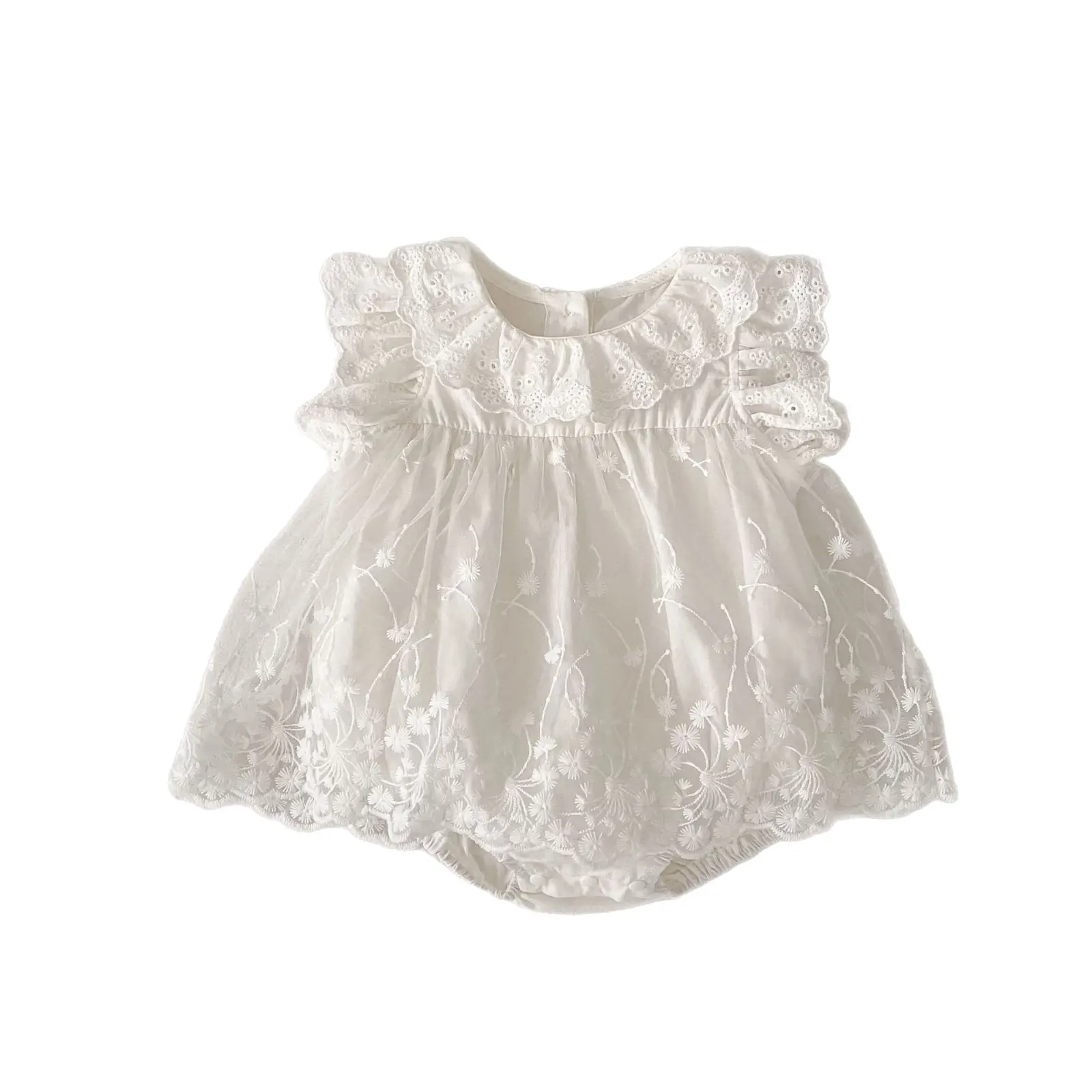 Summer Baby Clothes with Flying Sleeves and Triangular Climbing Clothes, Korean Style Mesh Lace and Lace Round Neck Jumpsuit