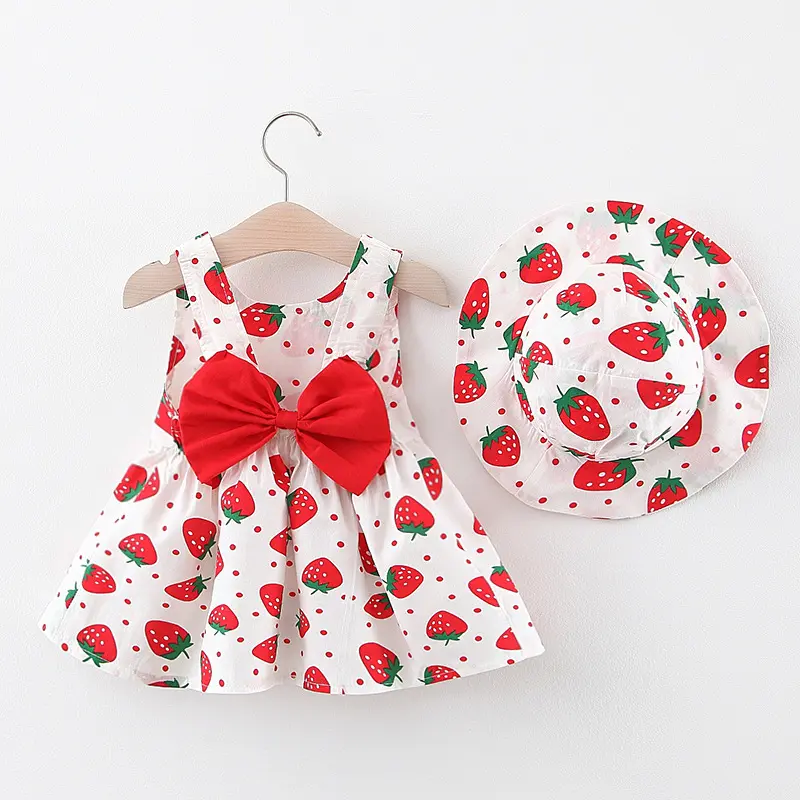 2025 New Model Children's Dress Summer Outfit New Girls' Dress Baby Print Strawberry Bow Skirt with Hat Included