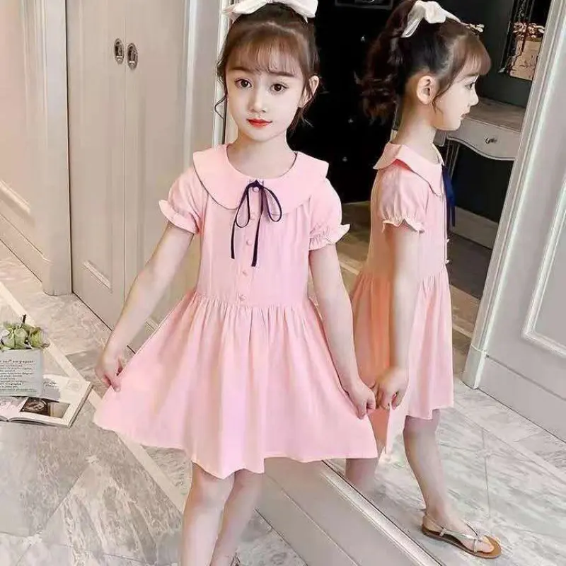 Cute Girls' Summer 2025 Cotton Dress with Pretty A-Line Design and Sweet Details for Elegant Kids' Style!