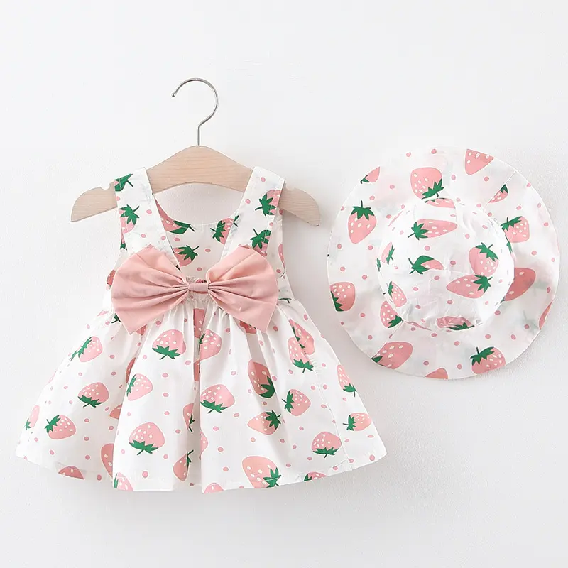2025 New Model Children's Dress Summer Outfit New Girls' Dress Baby Print Strawberry Bow Skirt with Hat Included