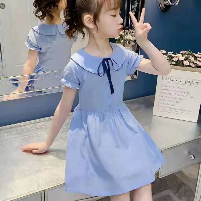 Cute Girls' Summer 2025 Cotton Dress with Pretty A-Line Design and Sweet Details for Elegant Kids' Style!