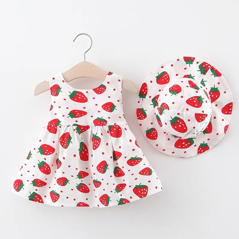 2025 New Model Children's Dress Summer Outfit New Girls' Dress Baby Print Strawberry Bow Skirt with Hat Included