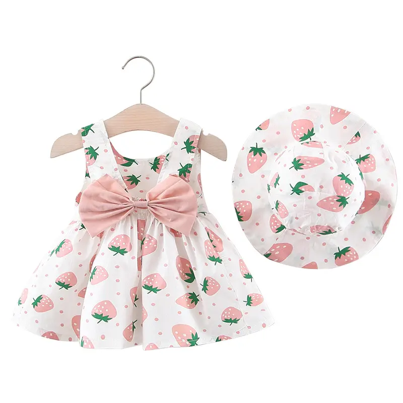2025 New Model Children's Dress Summer Outfit New Girls' Dress Baby Print Strawberry Bow Skirt with Hat Included
