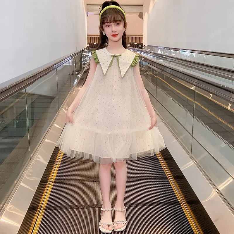 Summer new sleeveless princess dress for girls, casual and fashionable mesh dress, stylish and stylish for little girls