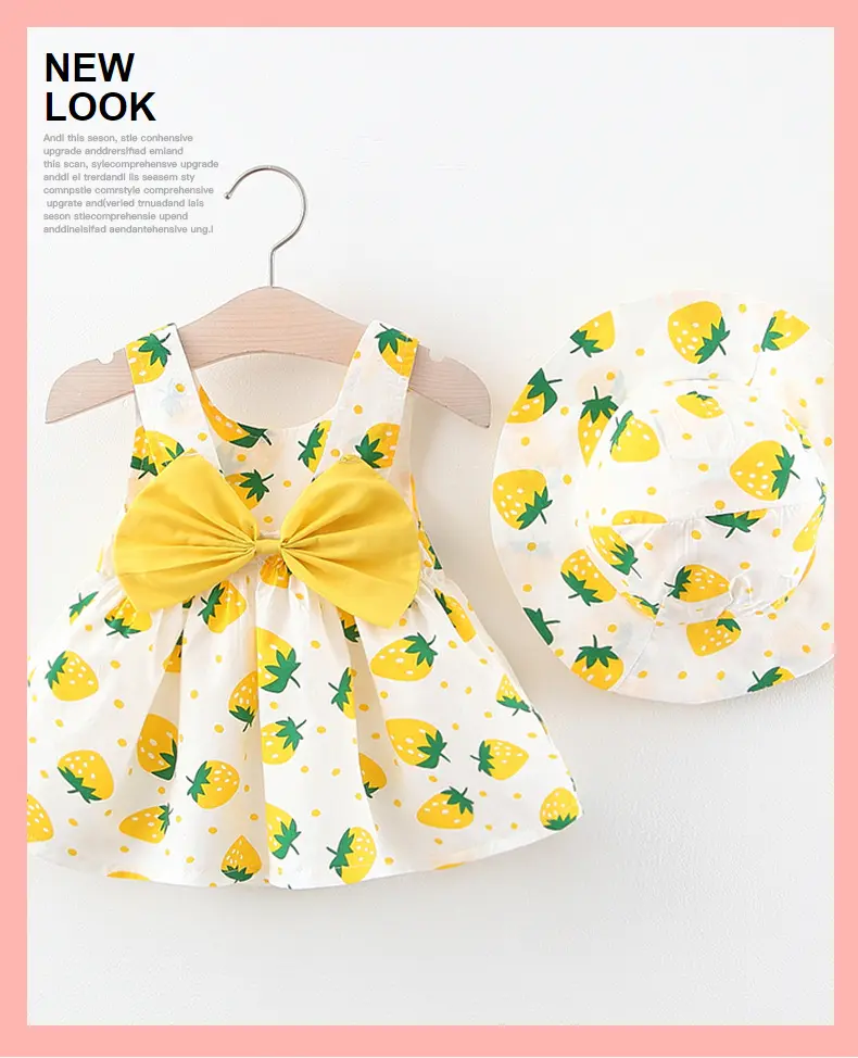 2025 New Model Children's Dress Summer Outfit New Girls' Dress Baby Print Strawberry Bow Skirt with Hat Included