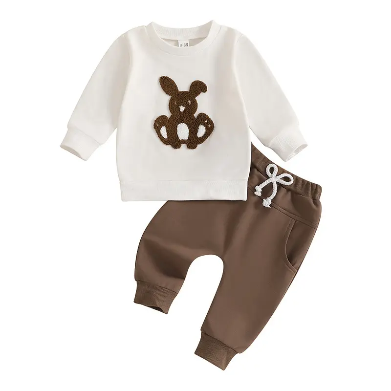 2025 Easter Children's Long Sleeve Hoodie Set Rabbit Embroidered T-shirt Long Two Piece Set Bunny Easter