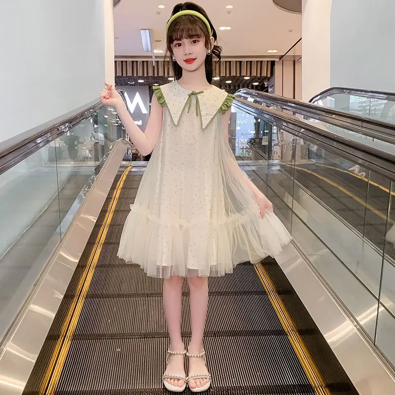 Summer new sleeveless princess dress for girls, casual and fashionable mesh dress, stylish and stylish for little girls