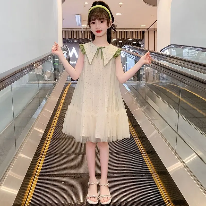 Summer new sleeveless princess dress for girls, casual and fashionable mesh dress, stylish and stylish for little girls