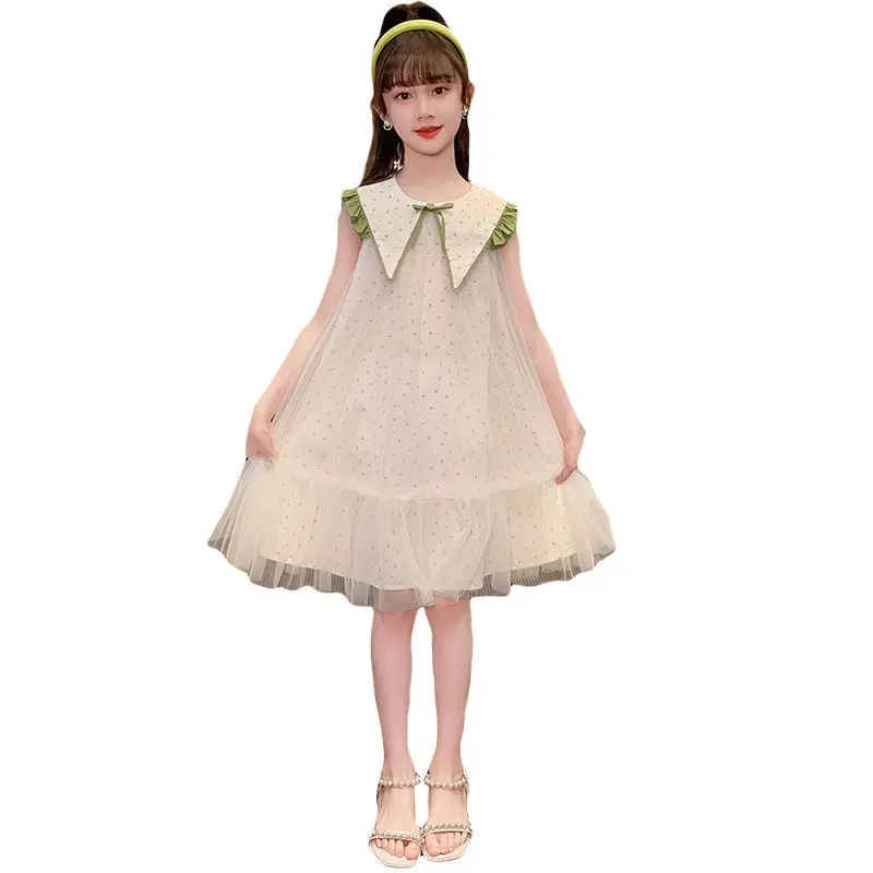 Summer new sleeveless princess dress for girls, casual and fashionable mesh dress, stylish and stylish for little girls
