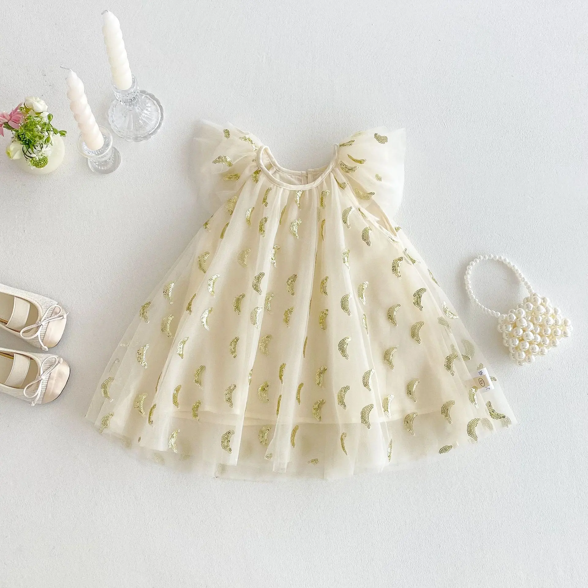 Girls' sequin dress 2025 new summer baby girl Korean version mesh princess dress trendy children's flying sleeve skirt