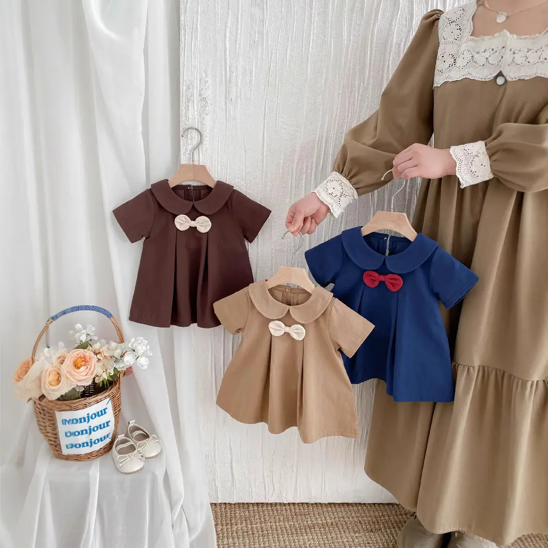 Korean Children's Clothing 2025 Summer New Style College Style Baby Girl Bow Cute Doll Collar Princess Dress