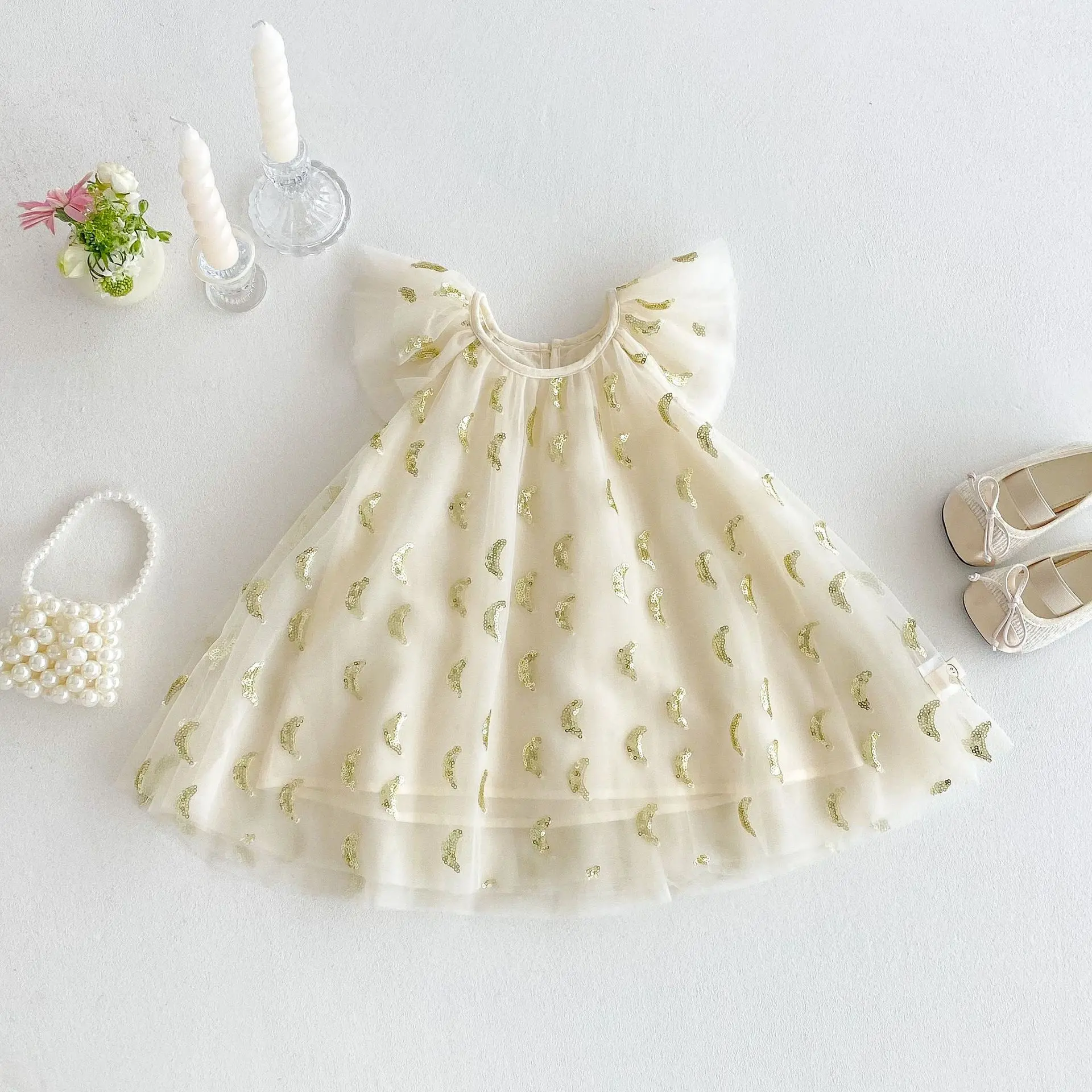 Girls' sequin dress 2025 new summer baby girl Korean version mesh princess dress trendy children's flying sleeve skirt